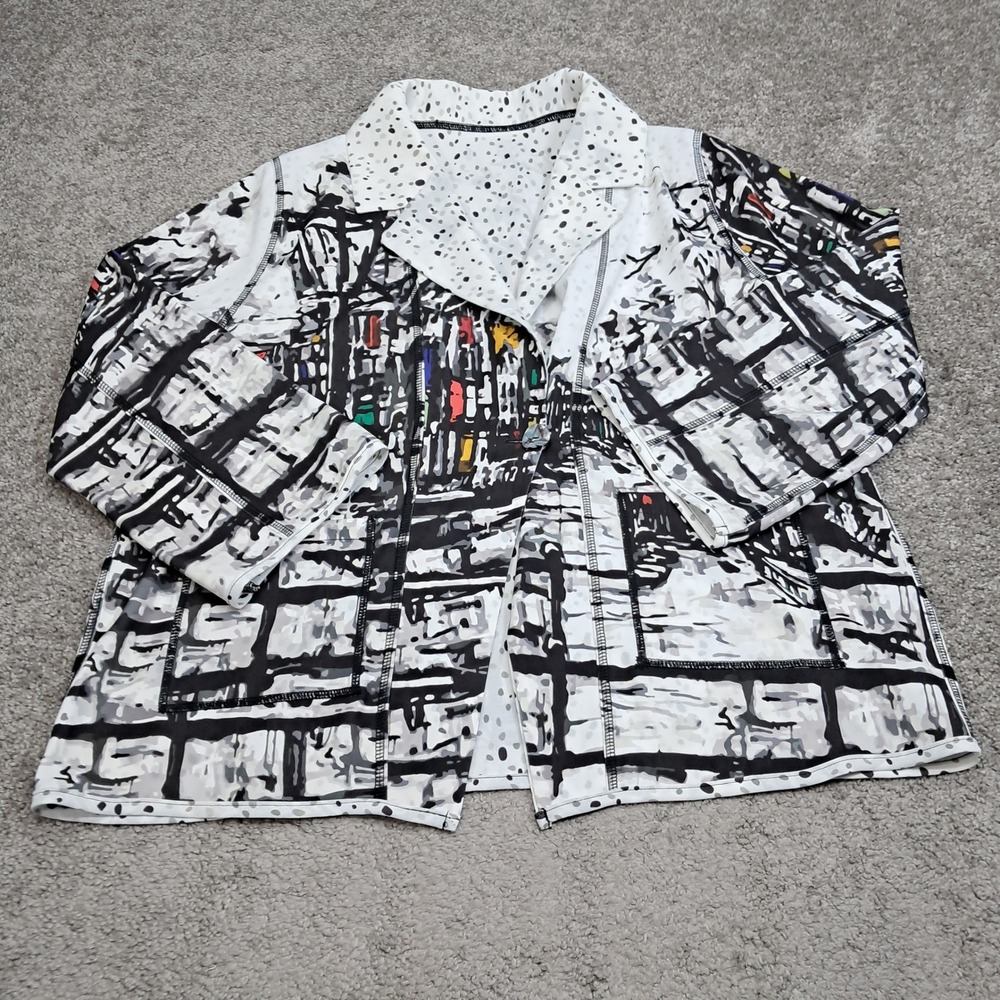 Art to Wear Cityscape Print Open Front Jacket Polka Dot Trim White Black 8075